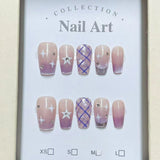 10Pcs Purple Cat Eye Coffin Press on Nails Silver French Fake Nails Plaid Polka Dot Nail 3D Bowknot Star Rhinestone False Nails