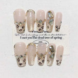 10Pcs Handmade Press on Nails Full Cover Cat Eye Design False Nails Leopard Autumn Pearl Ballet Rhinestone Wearable Manicure