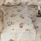 Vintage French Floral Lace Ruffles Pure Cotton Double Yarn Soft Princess Bedding Set Duvet Cover Bed Sheet Set Pillowcases 4Pcs