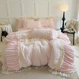 Pink Princess Style Pleated Lace Ruffles Carved Velvet Warm Soft Bedding Set Duvet Cover Flat/Fitted Bed Sheet Pillowcases 4Pcs