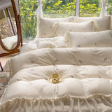 Rose Embroidery Bedding Set Silky Luxury Bedsheets Set Pillowcase Duvet Cover Bedclothes Skin-friendly Bed Linen Home Textiles