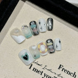 10Pcs Handmade Press on Nails Cat Eye Design Short Ballerina Full Cover Cute Bow Tie Sequin French False Nails Wearable Manicure