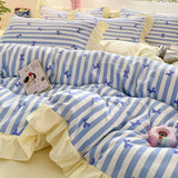 Black Lace Ruffles Korean Bow Decor Bedding Set Duvet Cover Pillowcase Washed Cotton Four-Piece Sets Soft Quilt Cover Bed Sheet