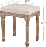 Ottoman Stool, 18.5 in High, Beige, with Padded Seat, Wood Frame, Button Tufted, for Dining, Living Room, Bedroom