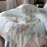 Vintage French Lace Ruffles Butterfly Embroidery Bedding Set 100S Egyptian Cotton Duvet Coves Bed Sheet Pillowcases