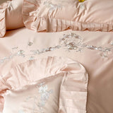 4Pcs Pink Rose Flowers Embroidery Ruffles 1000TC Egyptian Cotton Bedding Set Duvet Cover Set Bed Sheet/Fitted Sheet Pillowcases