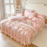 100% Cotton Flowers Lace Embroidery Ruffles Princess Weding Bedding Set Duvet Cover Quilted Bed Skirt Bedspread Pillowcases 4Pcs