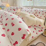 3pcs Simple Line Design Duvet Cover Set Cartoon Strawberry Print Bedding with 2 Pillowcases Skin-friendly Washable Quilt Cover