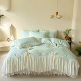 Korean style Princess lace bow bedding set pink sweet girl chiffon ruffles duvet cover bed sheet pillowcase wedding home textile