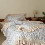 Vintage Floral 100% Cotton Double Gauze Soft Bedding Set Duvet Cover with Crochet Lace & Ruffle Trim, Bed Sheet Pillowcases 4Pcs
