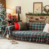 Gingham Sofa Cover with Ruffled Hem Elastic Machine Edges Washable for New Christmas Year Family Gathering Decorative Throw