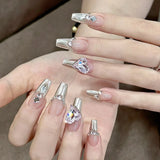 10pcs Medium Coffin Cat Eye False Nails Sweet Pearl Fake Nails with Heart Diamond Press on Nails Silver Glitter Polka Dot Nail