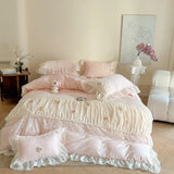 Princess Style Lace Ruffles Wedding Bedding Set Korean Soft Rose Flowers Four-Piece Set Duvet Cover Bed Sheet Pillowcase 4Pcs
