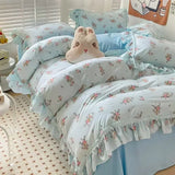 Ins Princess Romantic Duvet Cover Korean Floral Bedding Set Flat Sheet Set Skin-Friendly Washed Cotton Women Girls Bed Linen Set