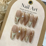 10Pcs Brown Handmade Press on Nails Pearl Golden Autumn-winter French Metal Line Almond Artificial False Nails Wearable Manicure