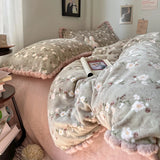 Ikeehome  Dr Flower Record Milk Fuzz Coral Fce Four Piece Set Girl Sle Warmth Bedding Cover Winter Cozy French Sle Bedding