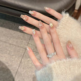 Glitter Golden False Nails Long Coffin Ballet Fake Nails with Glue Cat Eye Press on Nails Wearable Full Cover Nail Tips for GIft