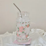 French Style Glass Suction Tube Cup Elegant Pink Rose Large Capacity Juice Drink Cup Girl Outdoor Office Cold Summer Drinks Cup