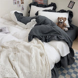 Princess Style Bedding Set Soft Solid Color Ruffle Duvet Cover Set Comforter Pillowcase Bed Sheet Washed Cotton Four Pieces Set