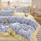 Black Lace Ruffles Korean Bow Decor Bedding Set Duvet Cover Pillowcase Washed Cotton Four-Piece Sets Soft Quilt Cover Bed Sheet