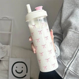 500/700ML Pink Bow Straw Water Bottle With Lid Cute Coffee Bubble Milk Tea Plastic Cup For Outdoor School Drinking Water