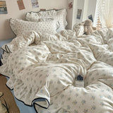 Korean Style Floral Ruffles Knitted Double Yarn Bedding Set Double King Queen Size Duvet Cover Flat/Fitted Bed Sheet Pillowcases