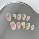 10Pcs Cute Handmade Press on Nails Full Cover Rhinestone Design French Short Almond False Nails Wearable Manicure Nail Tips Art