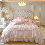 4/6Pcs Pink Butterfly Jacquard Three-layer Lace Ruffles Princess Wedding Bedding Set Duvet Cover Bed Skirt Bedspread Pillowcases