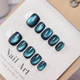 10Pcs Handmade Press on Nails Full Cover Glitter Cat Eye Short Ballerina False Nails Artificial Manicure Wearable Nail Tips Art