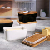 Simple Ceramic Butter Dish with Bamboo Cover Butter Knife Rectangular Sealed Jar Western Cheese Butter Box Storage Jar Tableware