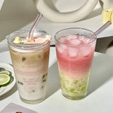 Cute Glass Cup With Straw And Lid Letter Tumbler 450ml Iced Coffee Juice Tea Glass Drinking Cups Transparent Bubble Tea Cup Gift