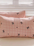 Ikeehome  2pcs Black & White Gingham Pillowcase Set with Pink Bow Print, Soft Cotton Blend for Dorm or Bedroom