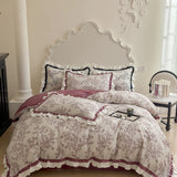 500TC Egyptian Cotton Vintage French Rose Flowers Print Ruffles Bedding Set Duvet Cover Flat/Fitted Bed Sheet Pillowcases 4Pcs