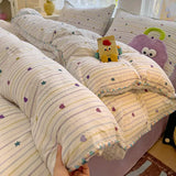 Ins Bedding Set Purple Love Stripe Double Layer Yarn Four Piece Dormitory Girl Heart Bed Sheet And Quilt Set Washed Cotton