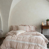 Vintage Pleated Lace Ruffles Princess Bedding Set Double Layer Yarn 100% Cotton Duvet Cover Flat/Fitted Bed Sheet Pillowcases