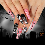 24Pcs Halloween Black Ghost Long Ballet False Nails With Heart Blood Design Halloween Press On Nails Detachable Full Cover Nails