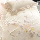 Luxury Bedding Set Butterfly Embroidery Lace Ruffles Ice Silky Soft Summer Bed Set Duvet Cover Set Bed Sheet Pillowcases 4Pcs