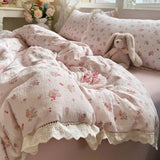Korean Style Girly Heart Floral Double Layer Gauze Four-Piece Set Princess Style Lace Trim Quilt Cover Bed Sheet Dormitory