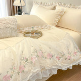 Korean Style 100%Cotton Bedding Set Luxury Lace Flowers Embroidery Princess Duvet Cover Bed Sheet Pillowcases Beige Bedclothes