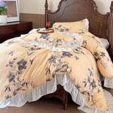 French Pastoral Style Rose Flowers Print Lace Bedding Set Single Queen King Size 100% Cotton Duvet Cover Bed Sheet Pillowcases