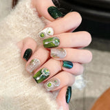 Press On Acyrlic Nails Handmade Green Cat's Eye Square Nails With Glitter Diamond Decor Phototherapy Short False Nails Ballet