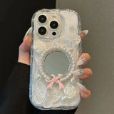 Shiny 3D Butterfly Flower Pearl Case For iPhone 14 13 12 11 15 16 Pro Max Luxury Bow Diamond Makeup Mirror Back Cover