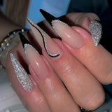 24Pcs Black Y2k Fake Nails with Diamond Halloween Long Almond False Nail Butterfly Design Wearable Oval Press on Nails Tips