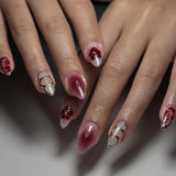 24pcs Almond Press on False Nails Art Fashion Flower Design Full Cover Nail Tips Red Short Oval Fake Nail Sets Finished Manicure