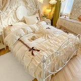 100% Cotton Korean Princess Style Three-layer Ruffles Bow Bedding Set Duvet Cover Bed Skirt Bedspread Pillowcases Wedding Gifts