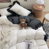 Princess Style Bedding Set Soft Solid Color Ruffle Duvet Cover Set Comforter Pillowcase Bed Sheet Washed Cotton Four Pieces Set
