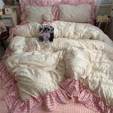 Korean Princess Style Floral Ruffles Bedding Set Washed Cotton Duvet Cover Bed Sheet Pillowcases Single Full Queen Size 3/4Pcs