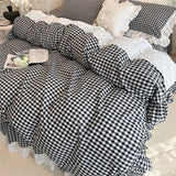 4/6Pcs Black&white Plaid 100% Cotton Bedding Set Romantic Lace Ruffles Washed Cotton Duvet Cover Bed Skirt Bedspread Pillowcases