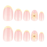 Short Round Head Press on False Nails Yellow French 3D Flower Fake Nail for Woman Reusable Finished Full Cover Nails Tips 24Pcs