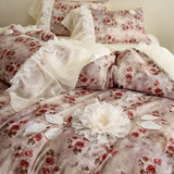 Vintage Rose Flowers Prints Lace Ruffles Lyocell Soft Silky Bedding Set Duvet Cover Bed Sheet/Fitted Sheet/Bed Skirt Pillowcases